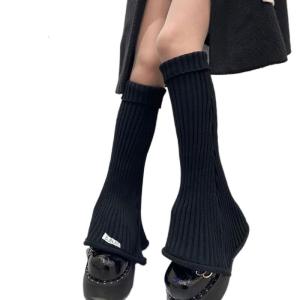 Women Harajuku Chunky Ribbed Knit Flare Leg Warmers Solid Color Striped Turn Cuff Foot Cover Gothic Slim Knee High Socks