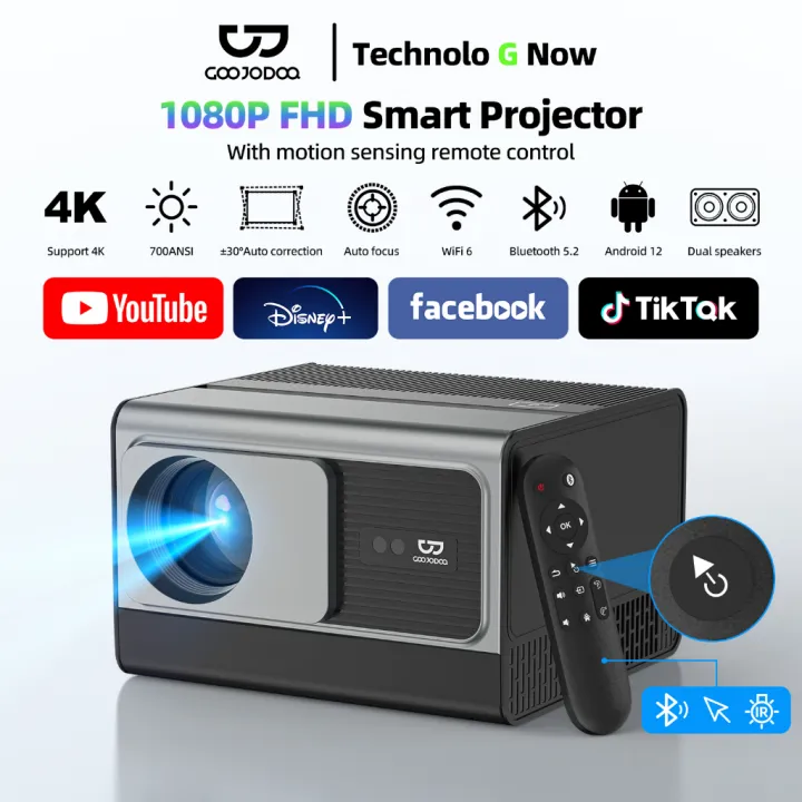 GOOJODOQ 1080P FHD Projektor Pintar Smart Projector | Auto Focus & ±30°Keystone Correction | 8W Dual Stereo Speakers | WiFi 6 Android 12 Bluetooth 5.2 |