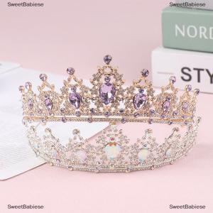 [COD] SweetBabiese 2024 mới màu tím pha lê cô dâu vương miện Hoàng Gia Nữ Hoàng vương miện cuộc thi vũ hội cô dâu diadem công chúa đám cưới vương miện phụ kiện tóc