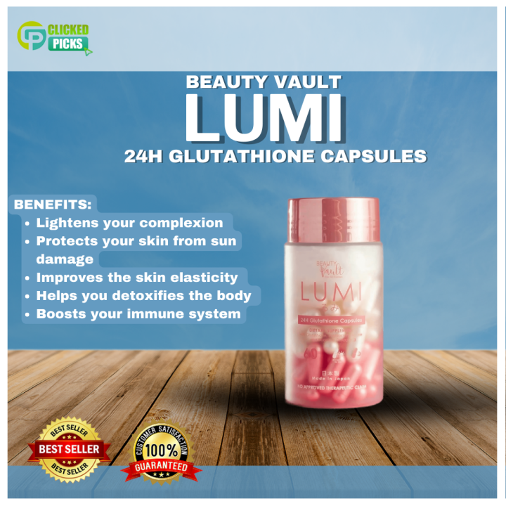 lumi glutathione capsule benefits 24H Capsules by Beauty Vault (60 capsules) BENEFITS: Lightens your complexion Protects your skin from sun damage Improves the skin elasticity Helps you detoxifies the body Boosts your immune system PHYSLIM WEIGHT LOSS & Size:120mL / 4oz Peptide Science