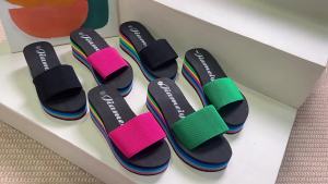 [Free Shipping] New Summer Womens Shoes Korean Style Thick-Soled High-Heeled Rainbow Platform Wedge Sandals Womens Slippers
