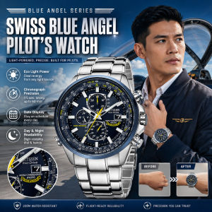 Mens Watch Blue Angels Pilot Chronograph Stainless Steel Analog Watch Quartz Movement Triple Subdials Six Hands Multifunction Business Dress Casual Wristwatch