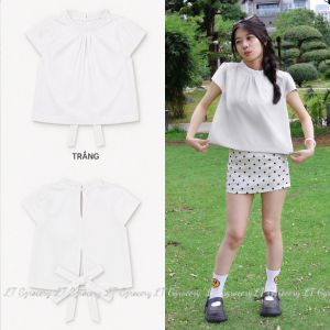 Áo kiểu nữ vintage mặc hè form babydoll cổ tròn xếp ly tay hến chất Thô Ướt cài nút thắt nơ sau