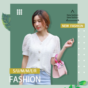 LEAShop เสื้อคอวีแขนตุ๊กตาลูกไม้สุกน่ารักมีกระดุมเก๋ๆไม่ซ้ำใคร จัดไปอย่าพลาด