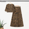 Celmia ZANZEA Women Two-piece Outfits Street Fashion Puff Sleeve Cropped Top Wide Leg Pants Leopard Print Sets #0714. 