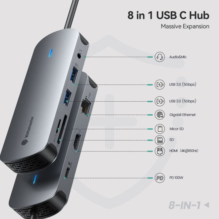 8-in-1 USB C Hub Adapter - With 100W Charging, USB 3.0, Card Reader For Laptop & Phone