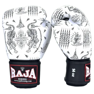 นวมมวยไทยลาย นวมลายแฟนซี นวมชกมวย สกรีนพิเศษ สวยๆ ลายยันต์ขาว RAJA BOXING Fancy Gloves Muay Thai