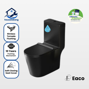 EACO T933 MATTE BLACK Rimless One Piece Toilet Bowl P Trap | Free Installation | Tornado Flushing | Soft Seat Closing | 10 Years Flushing Warranty | 3 Ticks Water Efficiency | Climate Voucher Accepted