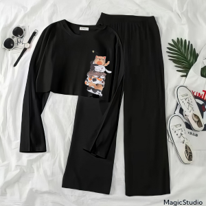 Setelan Kaos Cewek Remaja Atasan Baju Crop Lengan Panjang Dan Celana Kulot Kucing Monokrom