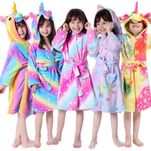 Children Unicorn Bathrobe Kids Girl Animal Hooded Bath Robe Cartoon Winter Nightgown Sleepwear Rainbow Star Unicorn Costume