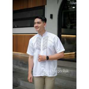 Baju Koko Bordir Lengan Panjang Warna Putih Amar Series Atasan Muslim Pria