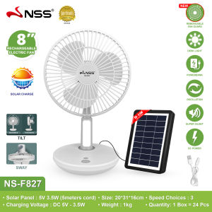 Nss solar electric fan 8 inch 3 speed stand fan adjustable rechargeable fan promo sale Energy saving portable small desk fan with panel