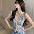 bikini top summer Striped Knitted Sleeveless tank top Halter Lapel backless Top. 