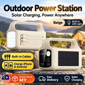 120W Solar Powerbank 100000mAh 300000mAh Power Bank Fast Charging Built-in 3 Cables Large Capacity Outdoor Camping LED Light Power Bank Besar