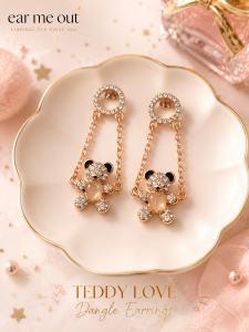 [SG] Rose Gold Teddy Bear Dangle Earrings | Sparkling Bear & Heart Drop Earrings | Cute Elegant Statement Earrings | Playful Fashion Jewellery | ear me out (EMO-30)
