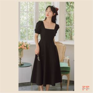 สต็อกไทย❌FF ชุดเดรสยาว คอเหลี่ยม แขนสั้นทรงตุ๊กตา ผ้าสแปนเด็กซ์ สีดำ แฟชั่น