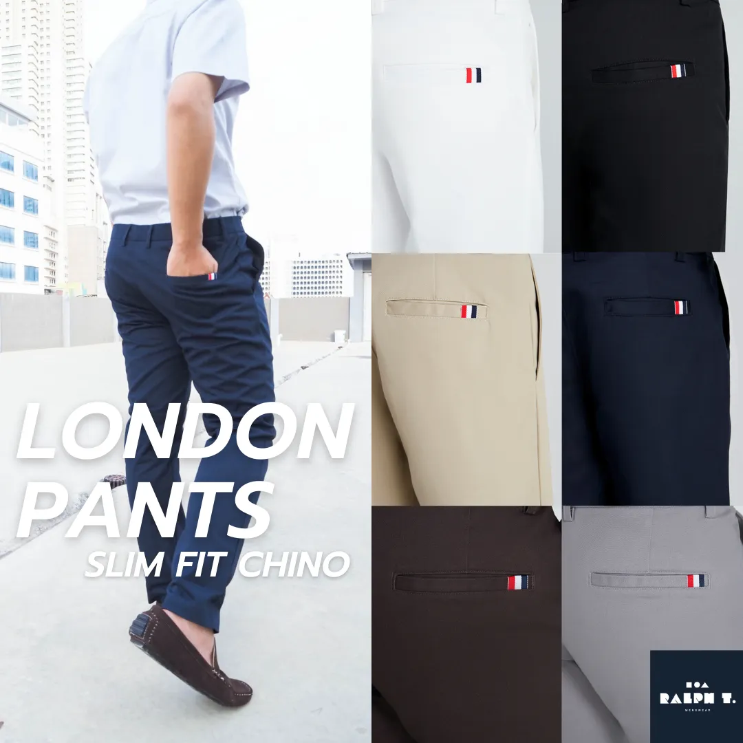 RALPH T OFFICIAL กางเกงขายาวผู้ชาย กางเกงชิโน่ ทรงกระบอกเล็ก ธง 3 สี SLIM FIT LONDON PANTS - สแล็ค สีดำ สีกรม สีกากี สีขาว สีเทาอ่อน