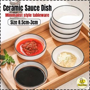 3.35 inch Ceramic Black Edges Dish Bowl Seasoning Dipping Sauce Serving Dish Appetizer Plate 1Pc