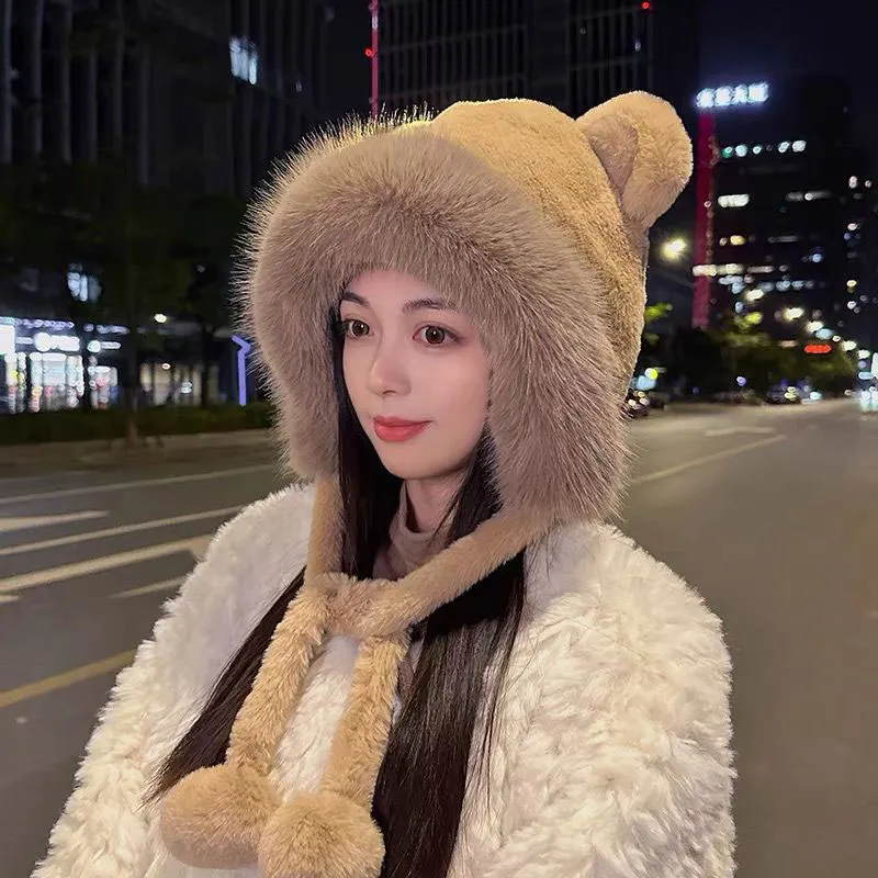 Cyprus Winter Cute Warm Knitted Hats for Women Cartoon Cat's Ears Two Balls  Earflap Cap Plush Fluffy Thicken Warm Fur Beanie Hat Female