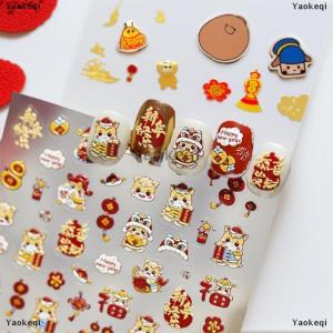[COD] Yaokeqi Cute Chinese New Year Horse Year Lion Dance Bow Nail Art Print Stickers Lucky Pony Manicure Decals Festive Embossed Nail Decor