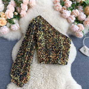 Sản Phẩm Mới Áo Thun Cổ Xiên Áo Không Dây Tay Phồng Đơn Phương Ôm Sát Ngắn Đính Kim Sa HK102