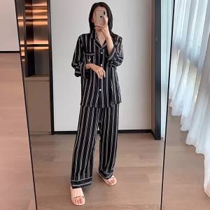 野兽派睡衣女士春秋新品仿真丝女款丝绸长袖条纹冰丝家居服可外穿