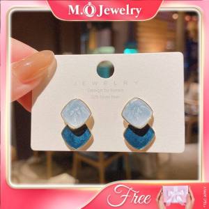 S925 Silver Earring Fashion Gnle Korean Square Geometric Simple Women Stud Earrings Anting Subang 雾霾蓝色复古耳环女几何形滴油时尚耳環