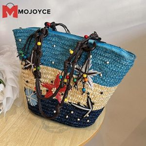 MOJOYCE Elegant Bohemian Straw Bag with Hand-embroidered Starfish Pattern Cross Body Woven Bag for Summer Beach and Evening Parties