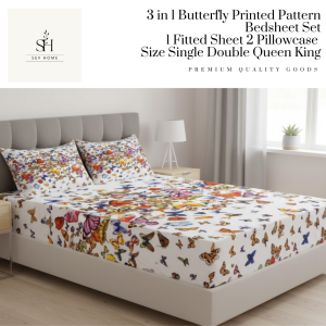 SevHome 3 in 1 Butterfly Printed Pattern Bedding Set Bedsheet Garterized Bed Sheet 1 Fitted Sheet cover 2 Pillow Case Size Single Double Queen King