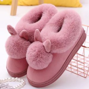 Plush rabbit ear double ball cotton indoor slipper thick non-slip soft bottom warm slippers for women