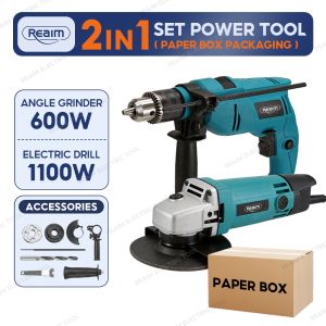 REAIM 2-in-1 Impact Drill and Angle Grinder Combo Kit Professional Power Tool Set with Accessories and Portable Tool Box
