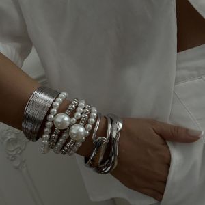 GLOWLITE White Silver Silver Metal Bracelet Pearl Beaded Wire Drawing Pearl Bracelet Adjustable Ornaments Exaggerated Bracelet Women