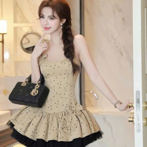 MK_ Đầm váy đi tiệc sang chảnh đầm thiết kế thời trang đầm ngắn 2 dây hoa chấm bi phối Lưới