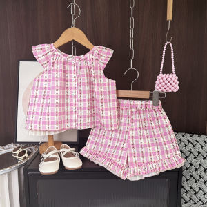 Bear Leader 1-5 Years Baby Clothing Suits Girls Summer New Outfits Korean Version Flowers Plaid Print Fly Sleeve T-Shirt Tops + Shorts 2 Pieces Sets Casual Kids Clothes