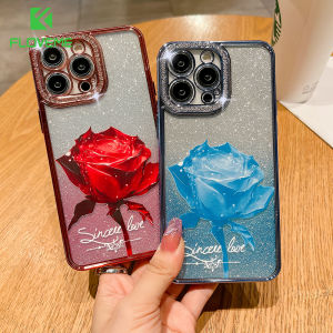 FLOVEME Gradient Diamond Rhinestone Glitter Transparent Phone Case For iPhone 14 13 12 11 Pro Max 14 Plus Plating Rose Flower Painted Full Protection Clear Soft TPU Shockproof Back Cover For iphone 14 13 12 11