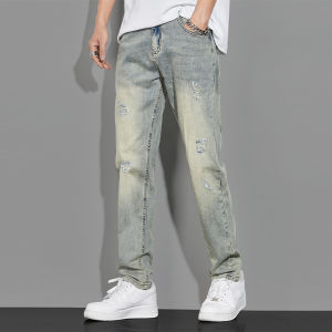 celana jeans pria slim fit stretch sobek retro biru premium standar  korean style cowok denim vintage casual celana pensil pria ripped jeans laki laki dewasa KeyBoy 2024