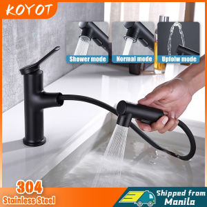 KOYOT 304 Stainless Steel 3 in 1 Pull Out Matte Black Cold and Hot Bathroom Faucet Basin Faucet for Sink Bathroom Sink Basin Faucet Bidet Spray Rinser Sprayer Gargle Brushing 3 Mode Mixer Tap