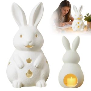 MACRAMEX Hollow-out Easter Bunny Candle Holder with Candle Lamp Resin Bunny Figurine Funny Rabbit Candlestick Home Decoration