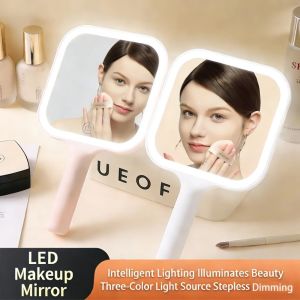 DOHOHO Touch Screen LED Smart Makeup Mirror 3 Color Light Adjustable Brightness Touch Screen Makeup Mirror Fill Light Handheld Portable Square Makeup Mirror Travel Home Use