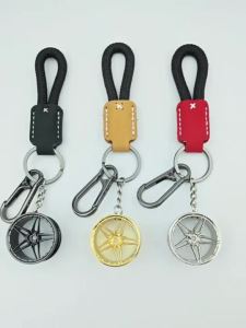 5-Spoke Wheel Rim Keychain with Braided Leather Lanyard for Car Enthusiasts
