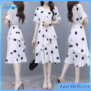 FunsLane Women Midi Dress V-neck Polka Dot High Waist Irregular Short Ruffle Sleeves Summer Dress