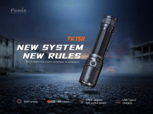 Fenix TK15R flashlight with IRIS X adaptive light control system 3200 lumens 490 meters USB Type-C charging black textured grip clip outdoor scene.