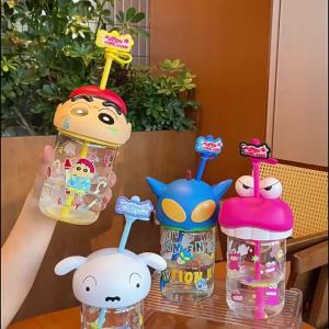 [ Genuine Crayon Xiaoxin ] Glass Cup Cartoon Straw Cup Summer Student Girl New Small White Childrens Water Cup