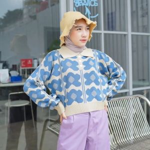 Sweater Crop Bunga Rajut Wanita Oversize Lengan Panjang Terbaru Korean Style