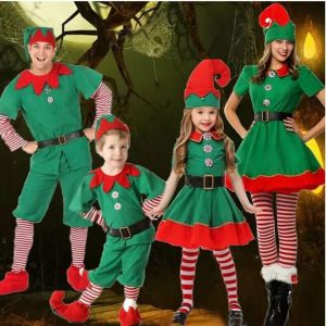 TRFQBJ 2024 Christmas Elf Costume Kid Adult Green Cosplay Clothing Year Parent-Child Family Matching Outfits