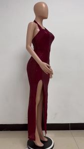 G7 Europe and America 2025 New Womens Halter Neck Slit Dress Spring Autumn High-end French Style Sequin Slim Long Dress 7/7