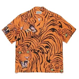 Classics WACKO MARIA Arrival Polyester Tiger Printing Short Sleeve Lapel Button Men Women Thin Oversize High Quality Shirt TEE
