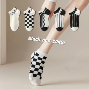 Tất Cổ Ngắn Họa Tiết Kẻ Sọc Đen Trắng Phong Cách Thời Trang Đường Phố Cho Nam Nữ
