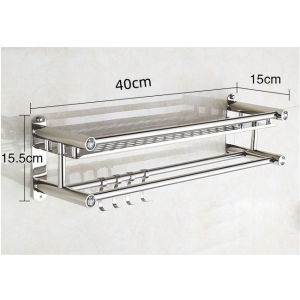 40cm Double layer Bathroom Shower Wall Mounted Space Stainless Steel Towel Storage Hanger Shelf Holder Stand Rack With Hooks Bathroom Accessories Organizer#ZWL03