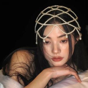 [ShiFu] Stylish s Weave Hat Retro Mesh Headdress Imitation Forehead Chain Headpiece Exquisite Bride Wedding Accessories